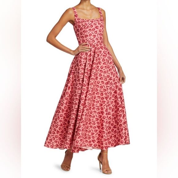 Brandon Maxwell Lip Print Silk A-line Maxi Dress - Picture 16 of 16